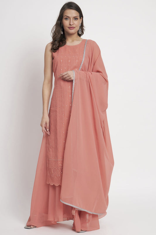 Women's  Embroidered Georgette  Kurta Palazzo and Dupatta Set