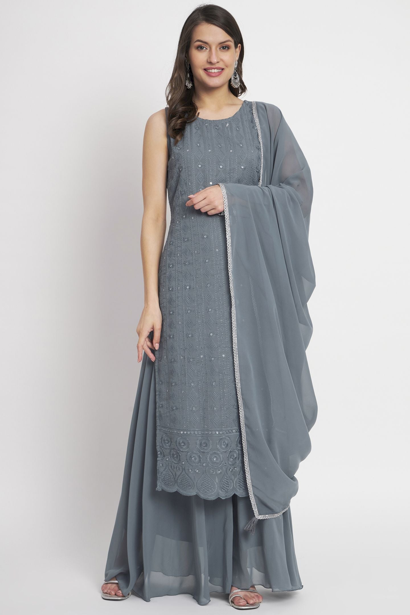 Women's Embroidered Georgette Kurta Palazzo and Dupatta Set