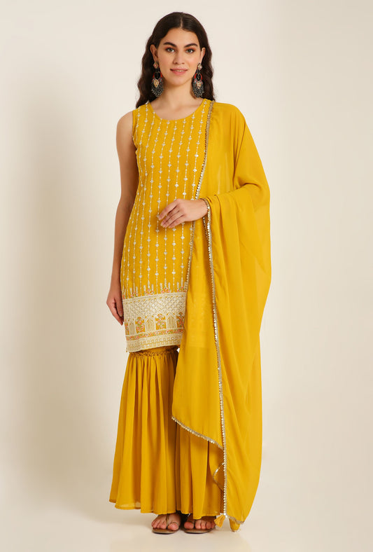 Women's Embroidered Georgette  Kurta and Sharara Set