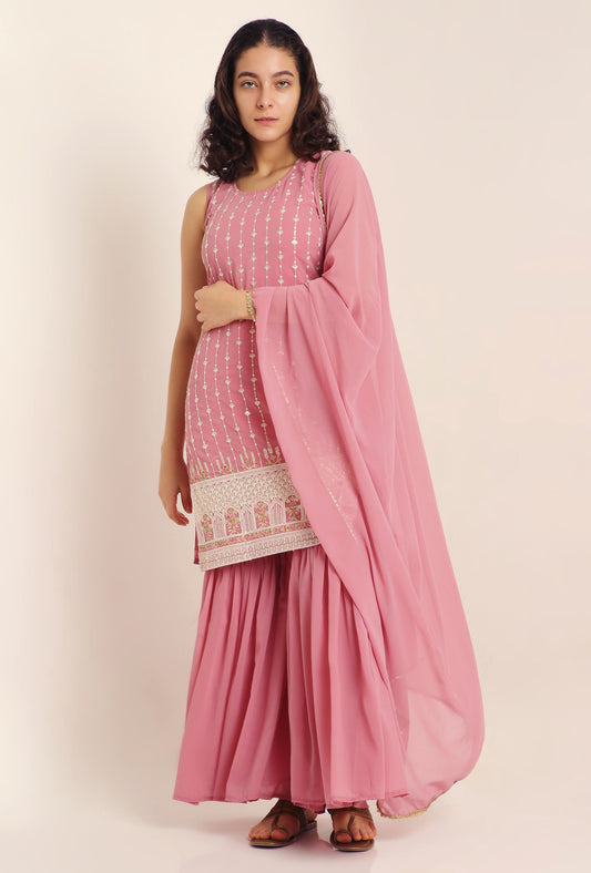 Women's Flamingo Pink Embroidered Georgette Kurta and Sharara Set