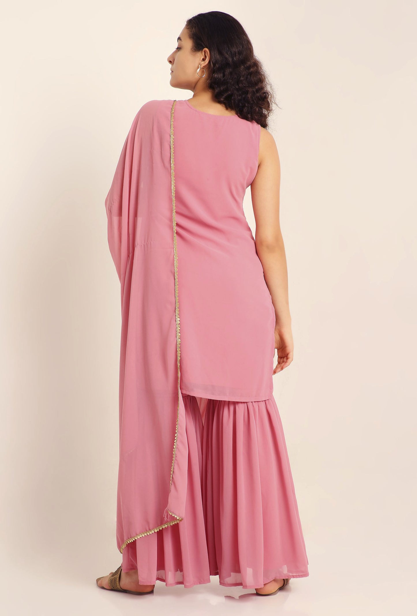 Women's Flamingo Pink Embroidered Georgette Kurta and Sharara Set