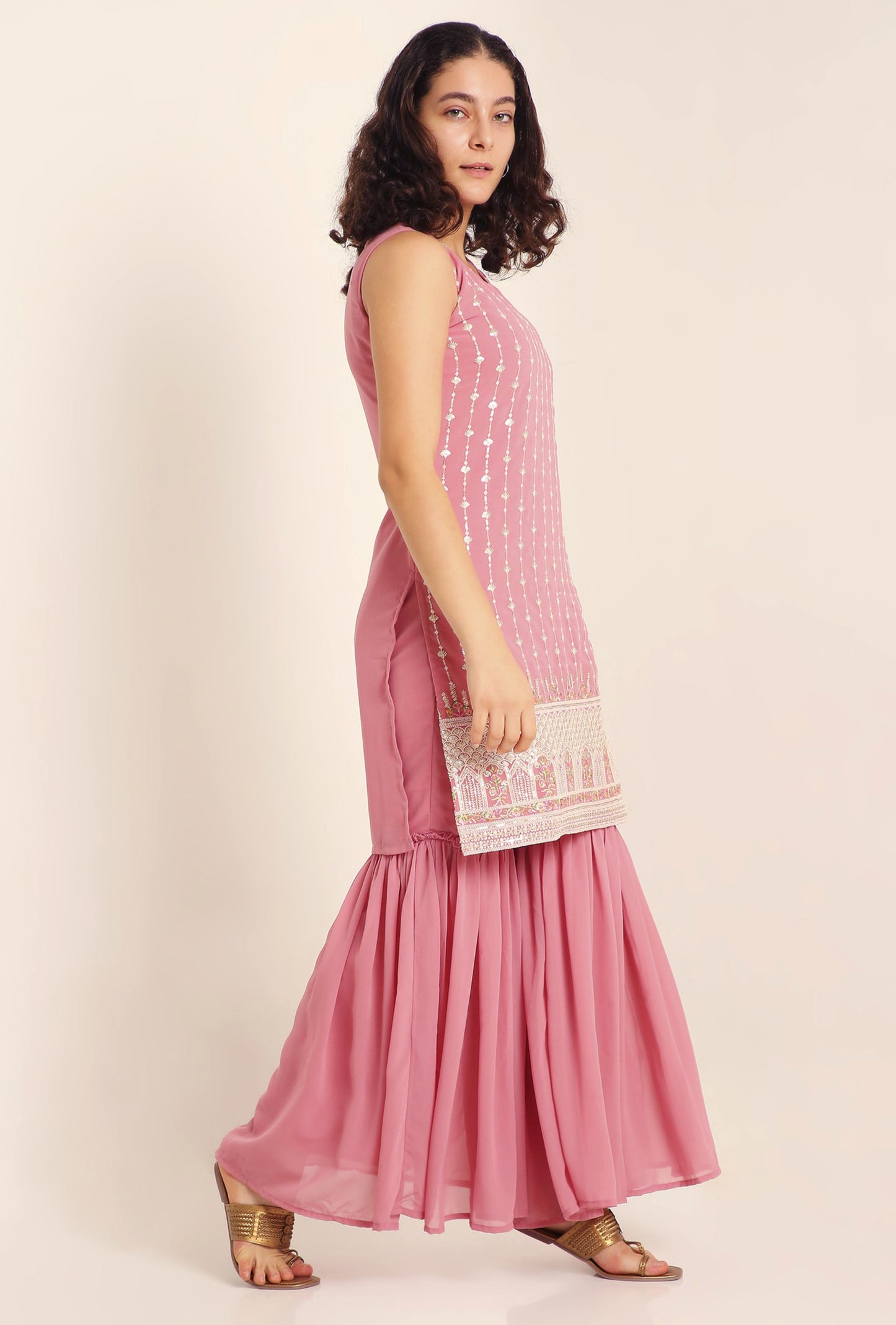 Women's Flamingo Pink Embroidered Georgette Kurta and Sharara Set