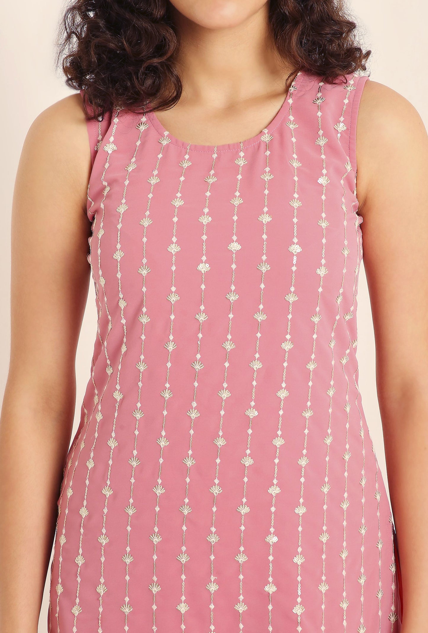 Women's Flamingo Pink Embroidered Georgette Kurta and Sharara Set