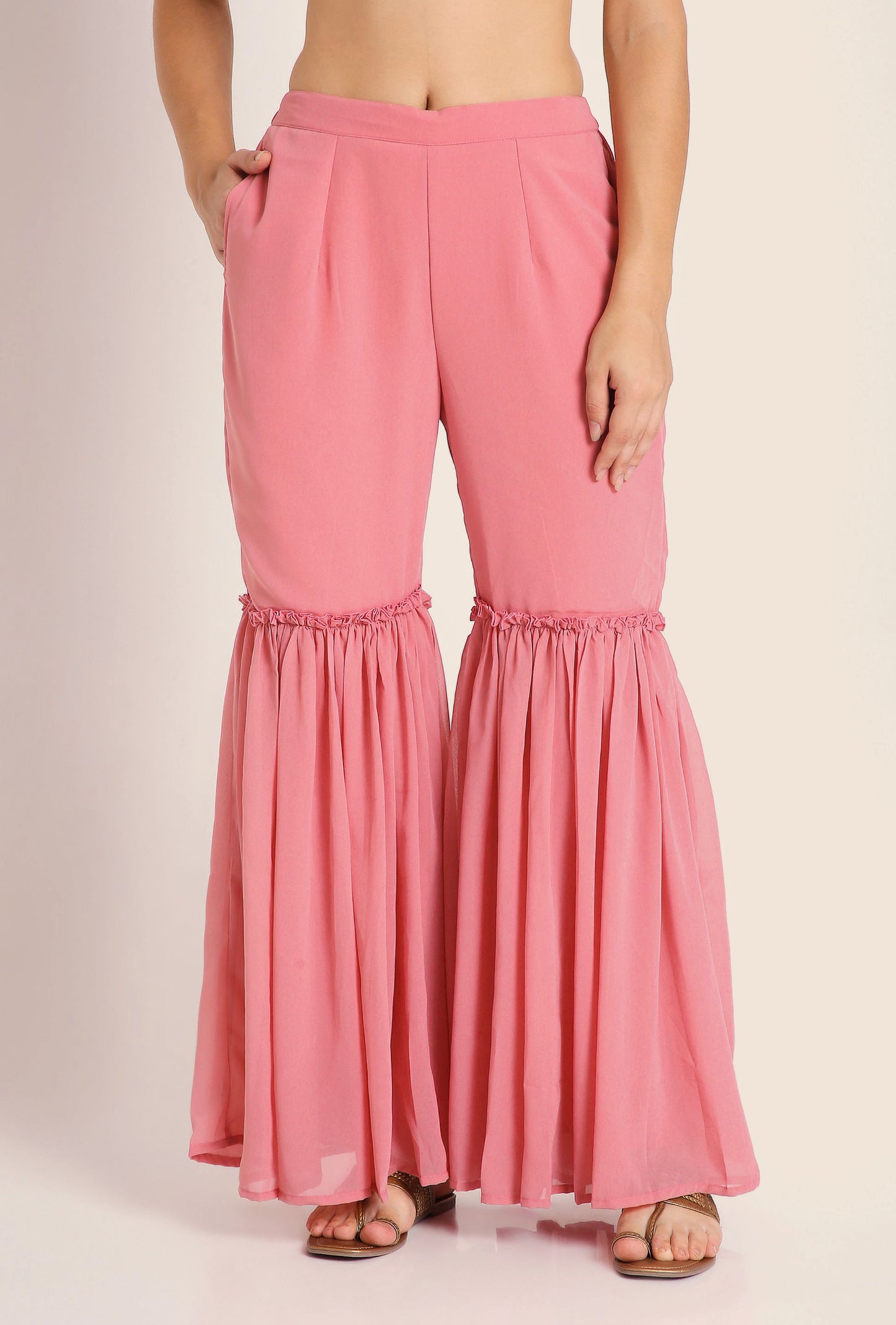 Women's Flamingo Pink Embroidered Georgette Kurta and Sharara Set