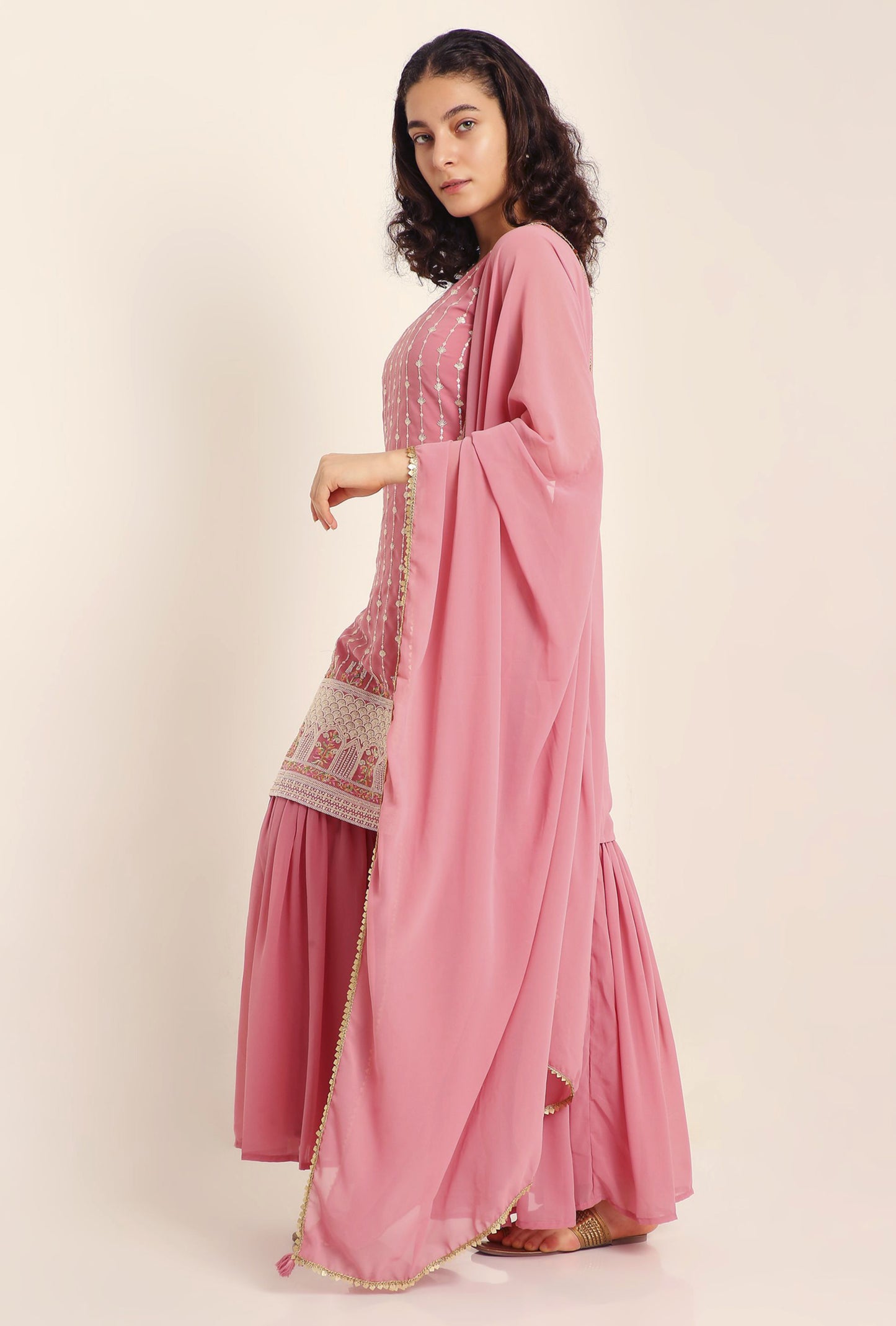 Women's Flamingo Pink Embroidered Georgette Kurta and Sharara Set