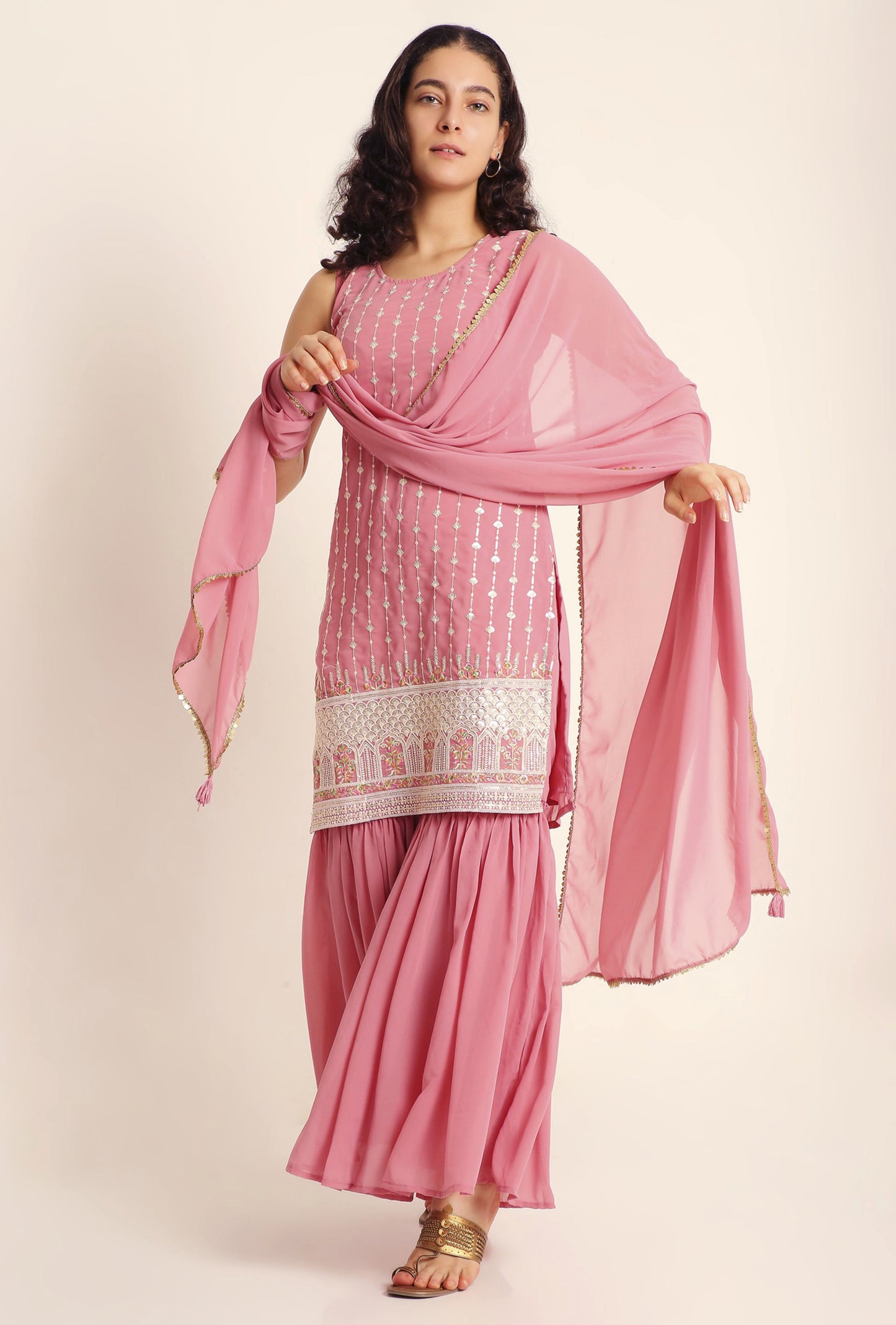 Women's Flamingo Pink Embroidered Georgette Kurta and Sharara Set