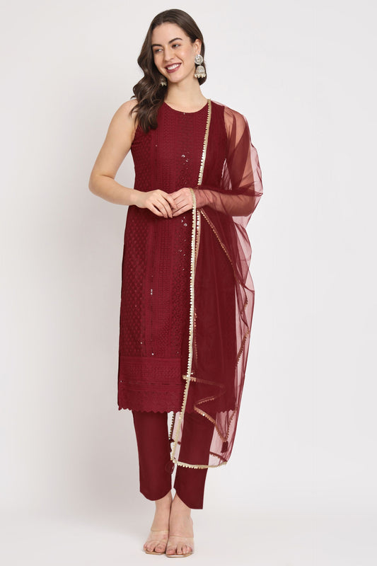 Women's  Embroidered Silk Blend Kurta Pyjama & Dupatta Set