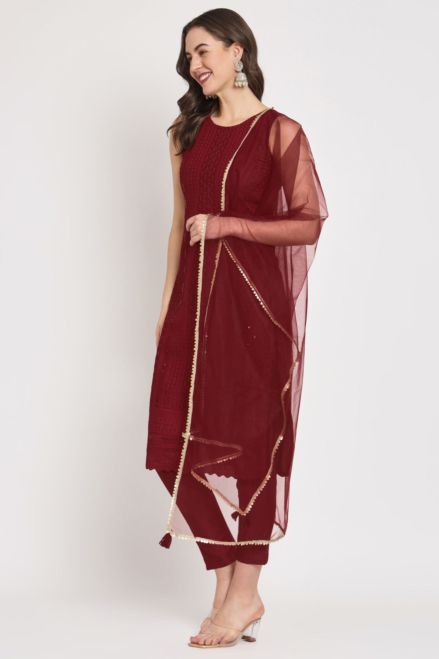 Women's  Embroidered Silk Blend Kurta Pyjama & Dupatta Set