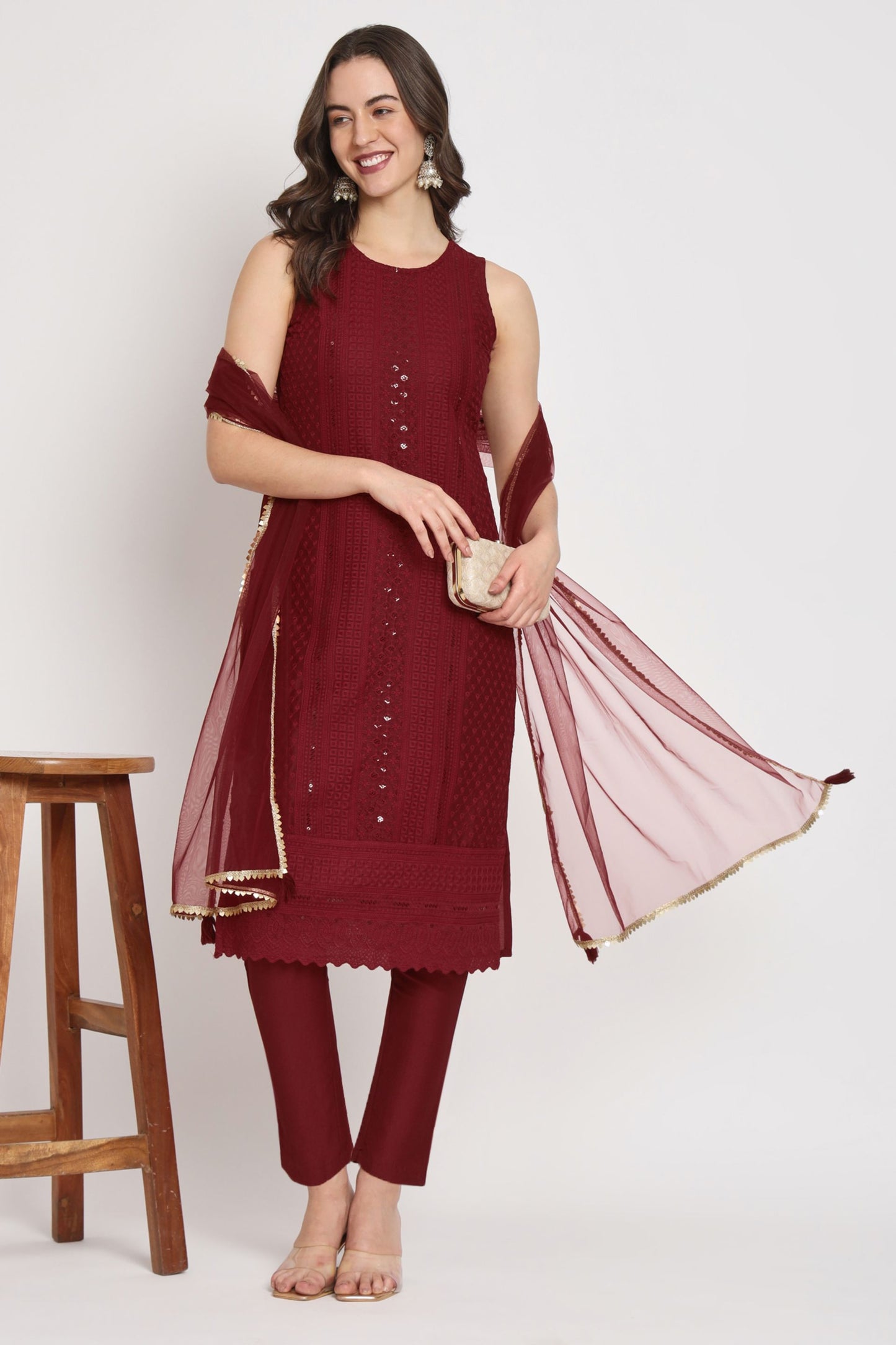 Women's  Embroidered Silk Blend Kurta Pyjama & Dupatta Set