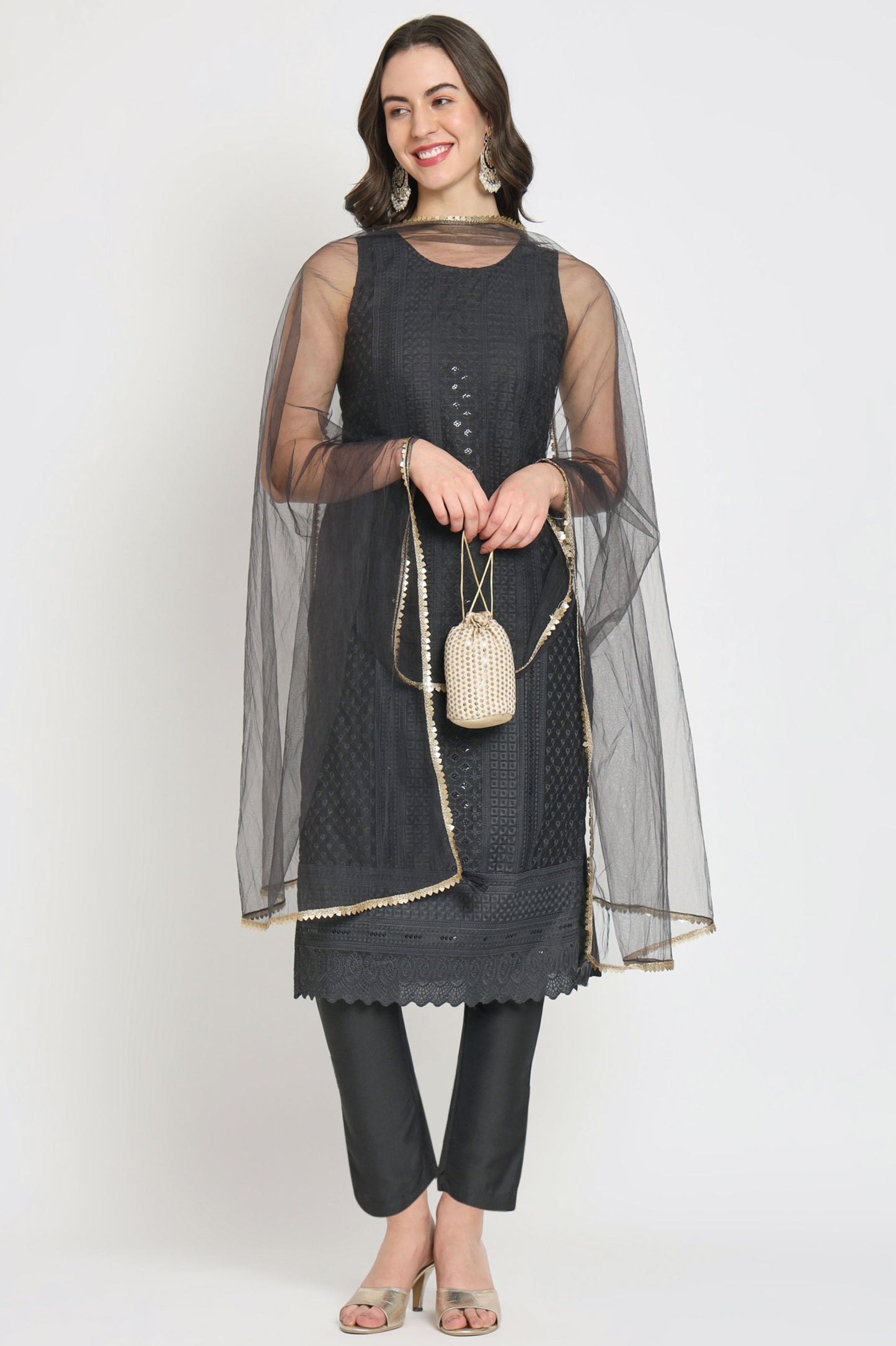 Women's Embroidered Silk Blend Kurta Pyjama & Dupatta Set