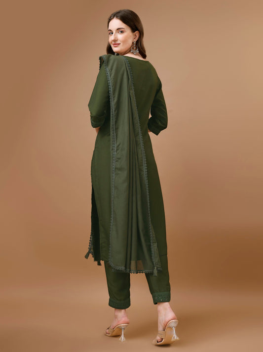 Women's Embroidered Silk Blend Kurta Pyjama & Dupatta Set
