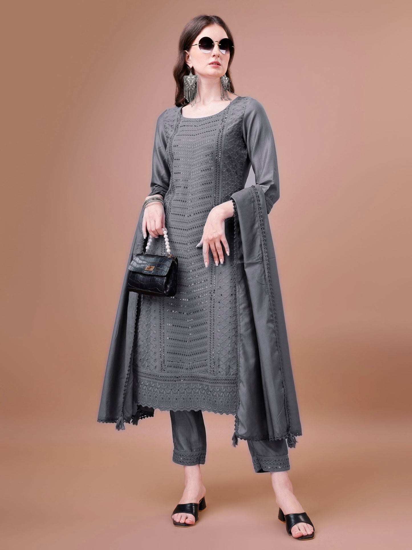 Women's Embroidered Silk Blend Kurta Pyjama & Dupatta Set