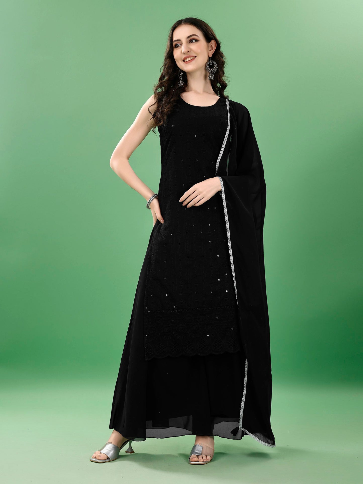 Women's Wine Embroidered Georgette KurtaPalazzo and Dupatta Set