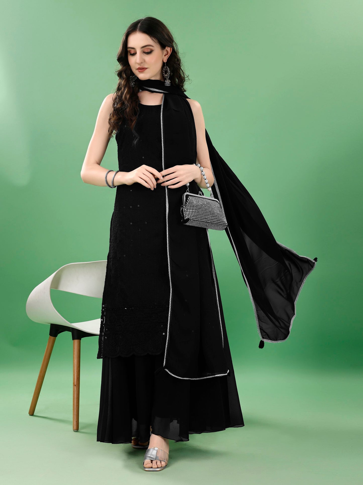 Women's Embroidered Georgette  Kurta Palazzo and Dupatta Set