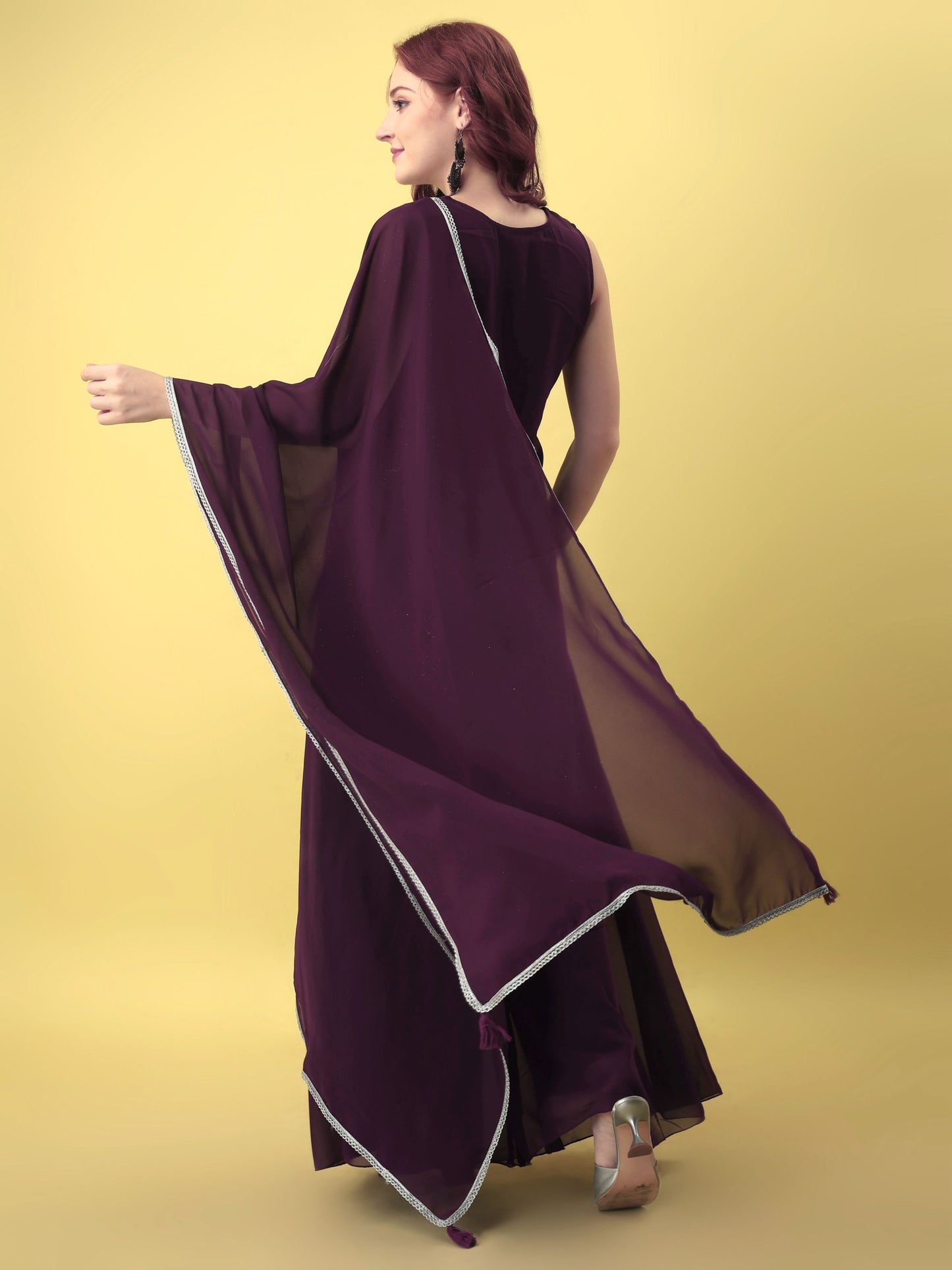 Women's Wine Embroidered Georgette KurtaPalazzo and Dupatta Set