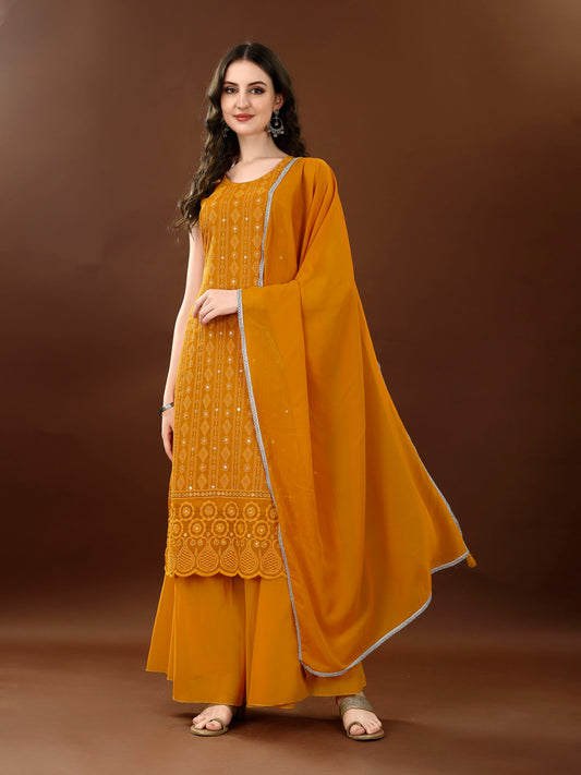 Women's Embroidered Georgette  Kurta Palazzo and Dupatta Set