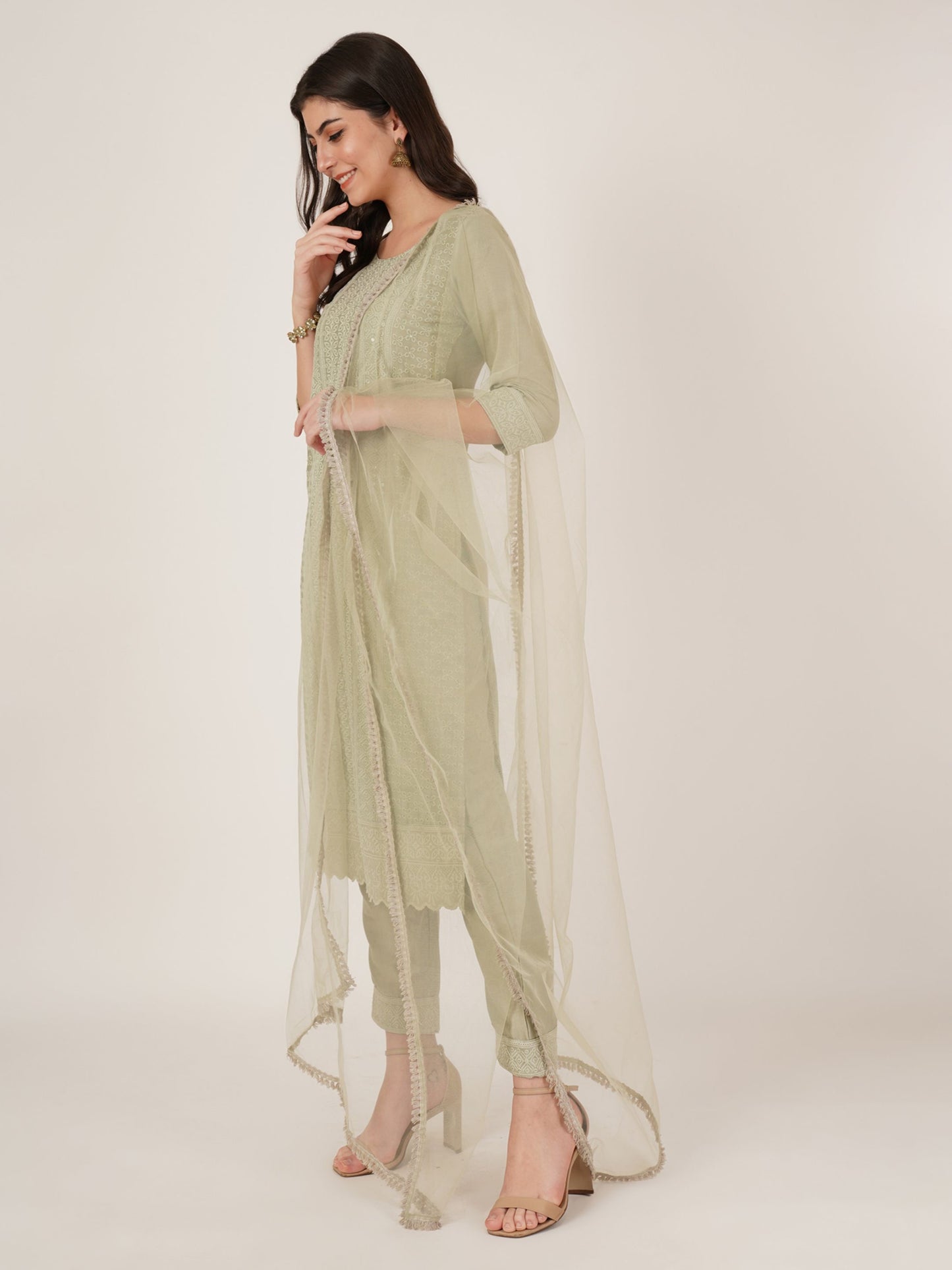 Women's Embroidered Silk Blend  Kurta Pyjama & Dupatta Set