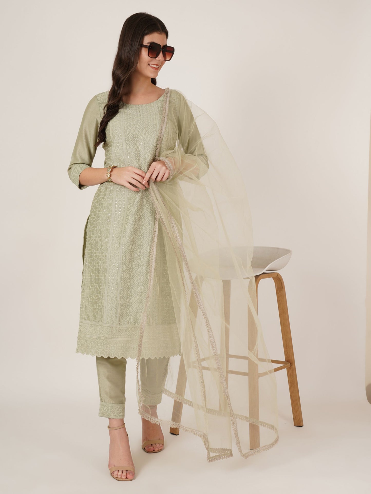 Women's Embroidered Silk Blend  Kurta Pyjama & Dupatta Set