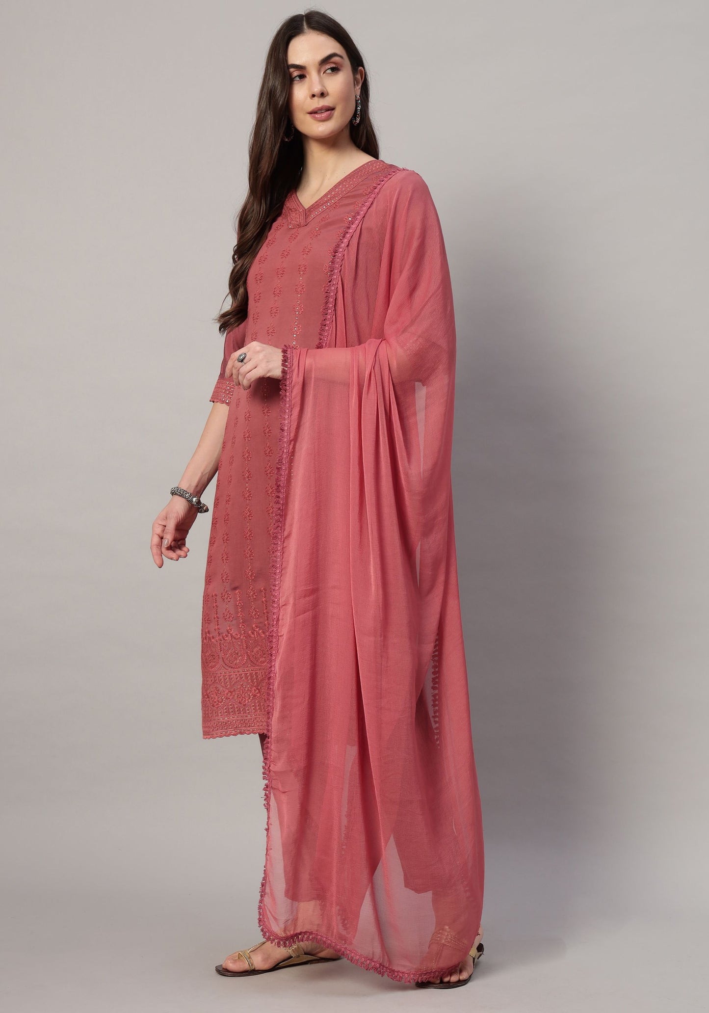 Women's Embroidered Silk Blend  Kurta Pyjama & Dupatta Set