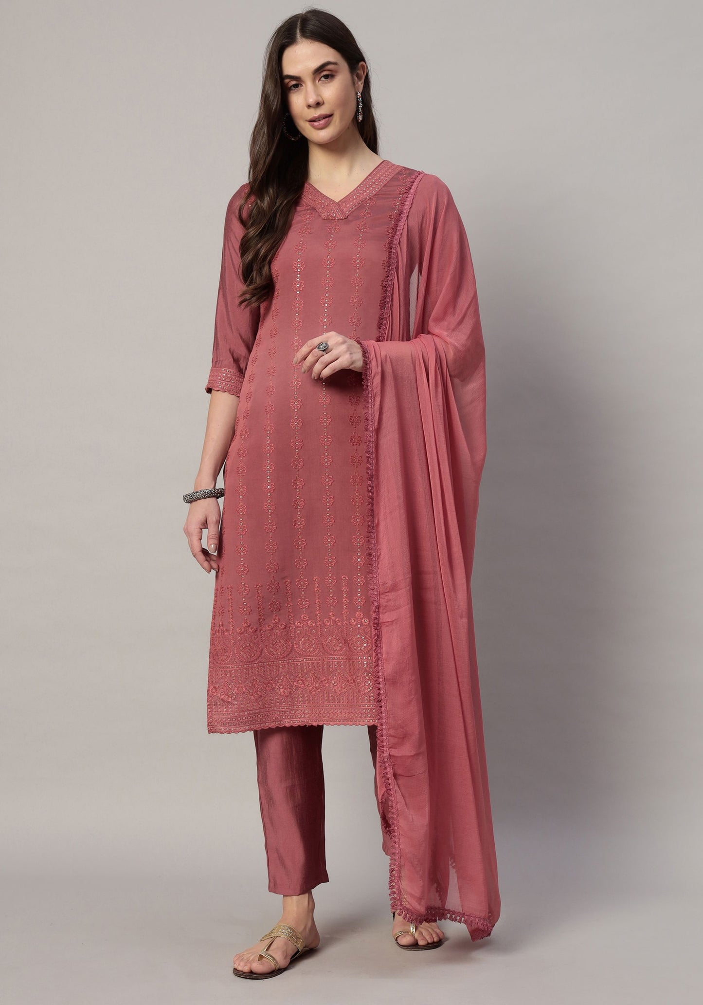 Women's Mustard Embroidered Silk Blend Kurta Pyjama & Dupatta Set