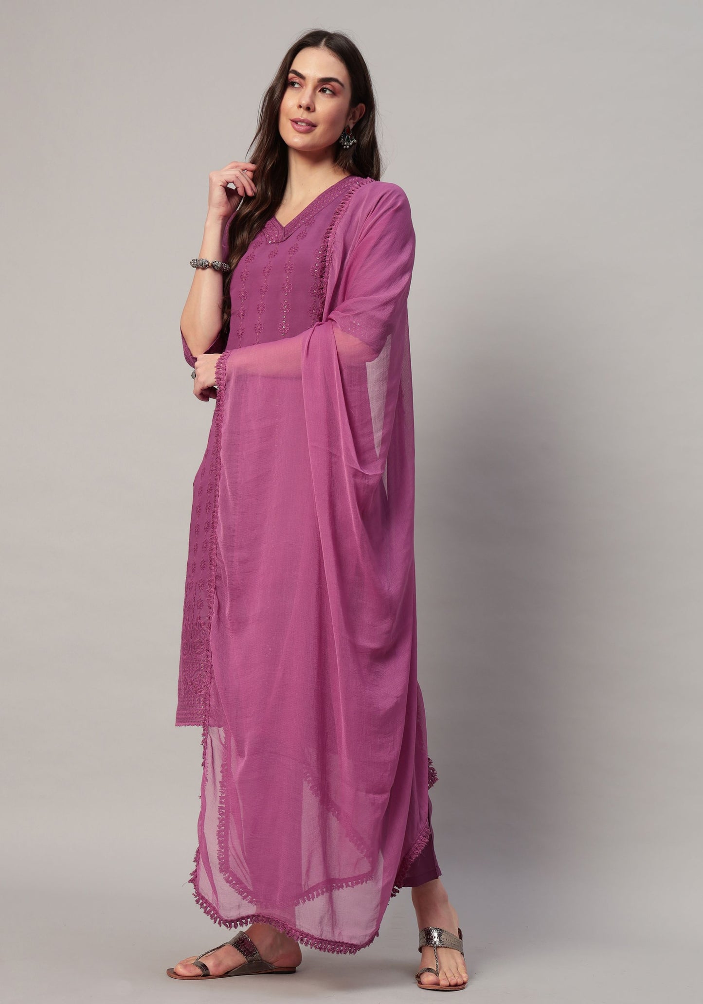Women's Embroidered Silk Blend  Kurta Pyjama & Dupatta Set