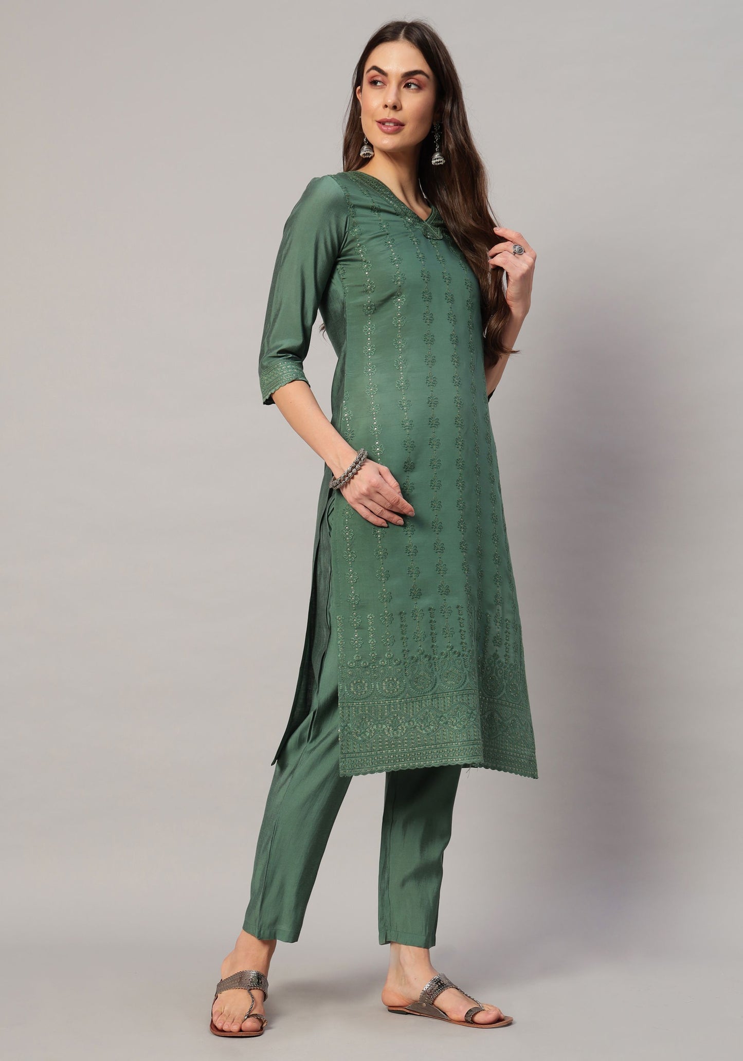 Women's Embroidered Silk Blend  Kurta Pyjama & Dupatta Set