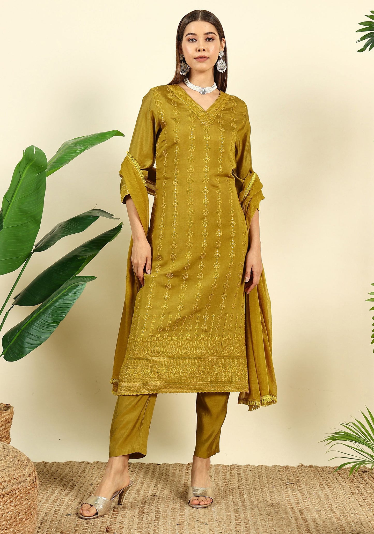 Women's Mustard Embroidered Silk Blend Kurta Pyjama & Dupatta Set