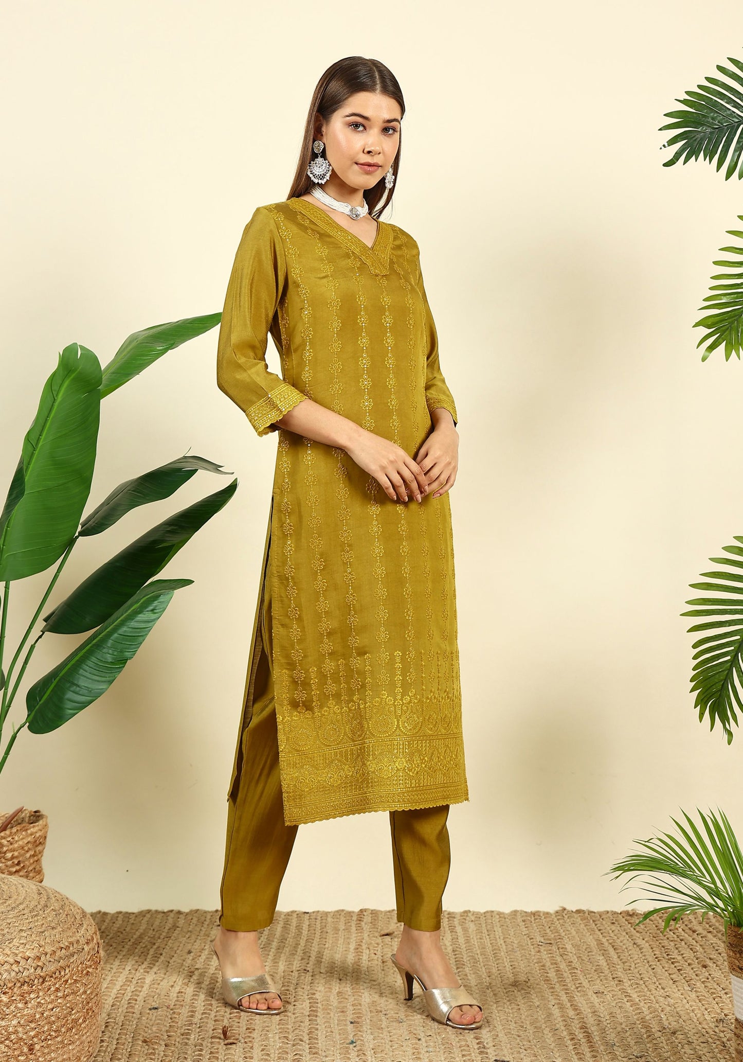 Women's Mustard Embroidered Silk Blend Kurta Pyjama & Dupatta Set