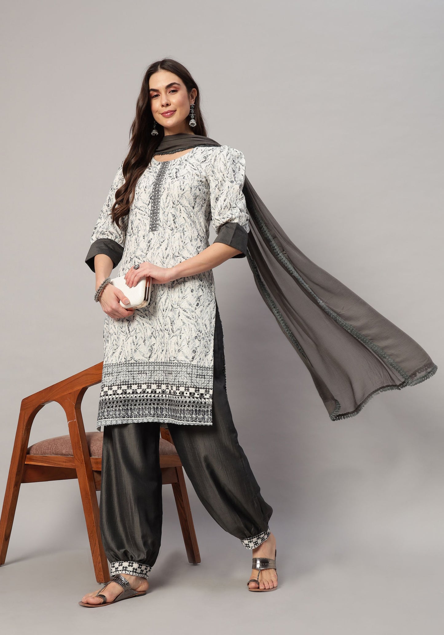 Women's  Olive Embroidered Viscose Kurta Dhoti Pant & Dupatta Set