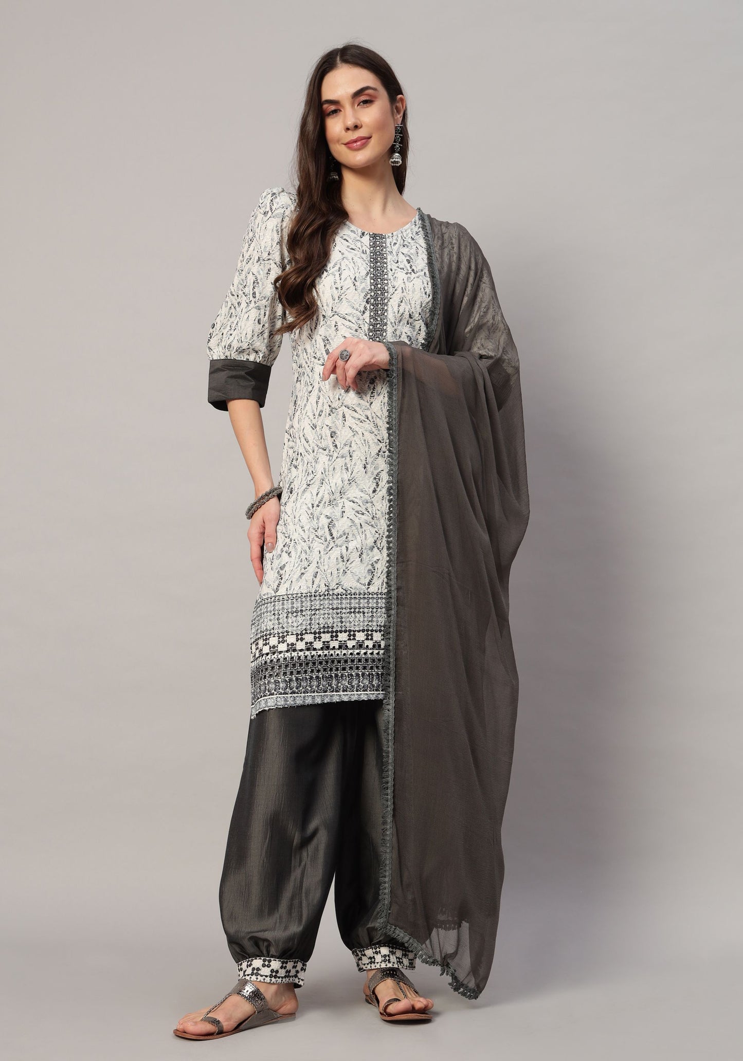 Women's  Olive Embroidered Viscose Kurta Dhoti Pant & Dupatta Set