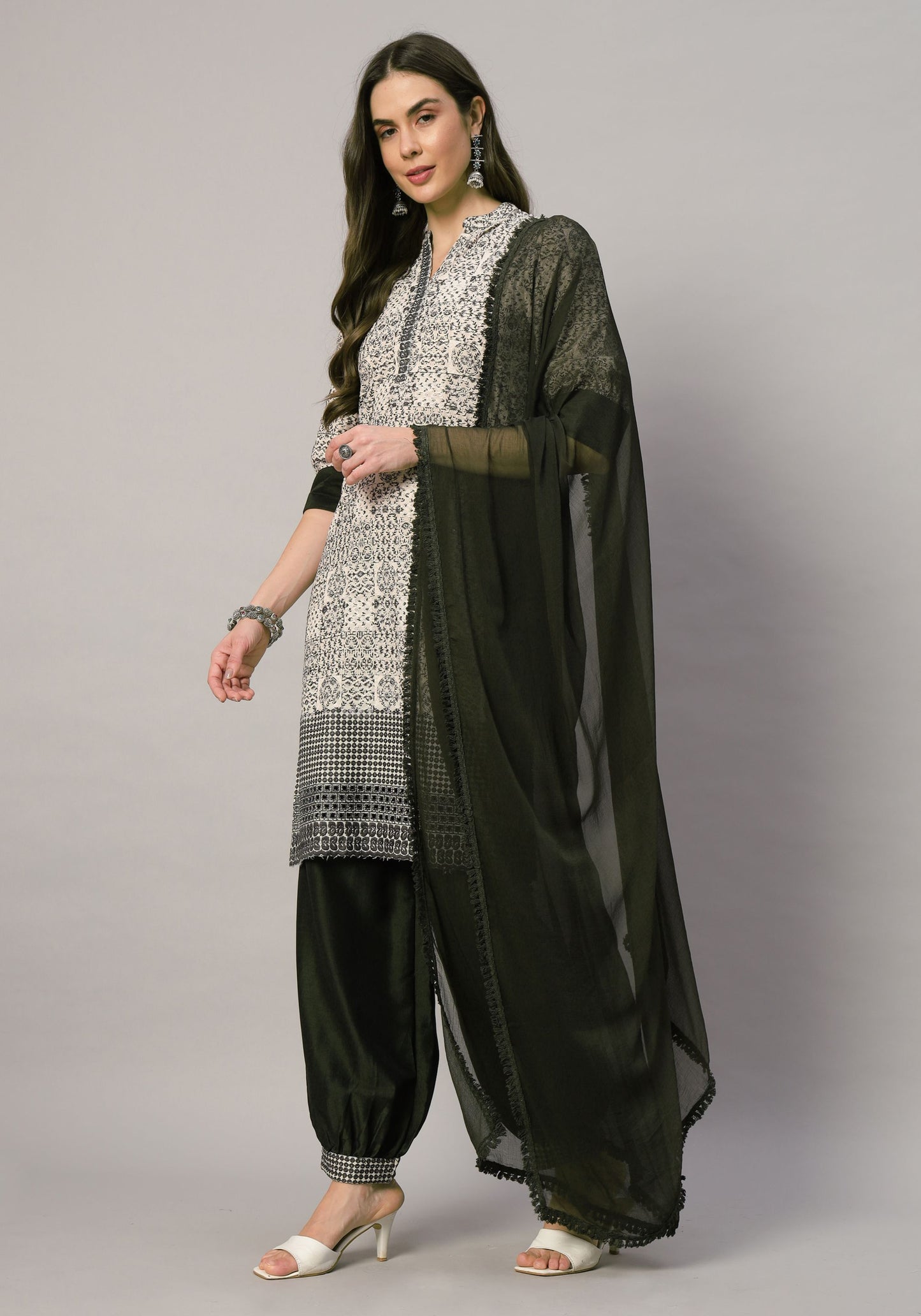 Women's  Olive Embroidered Viscose Kurta Dhoti Pant & Dupatta Set