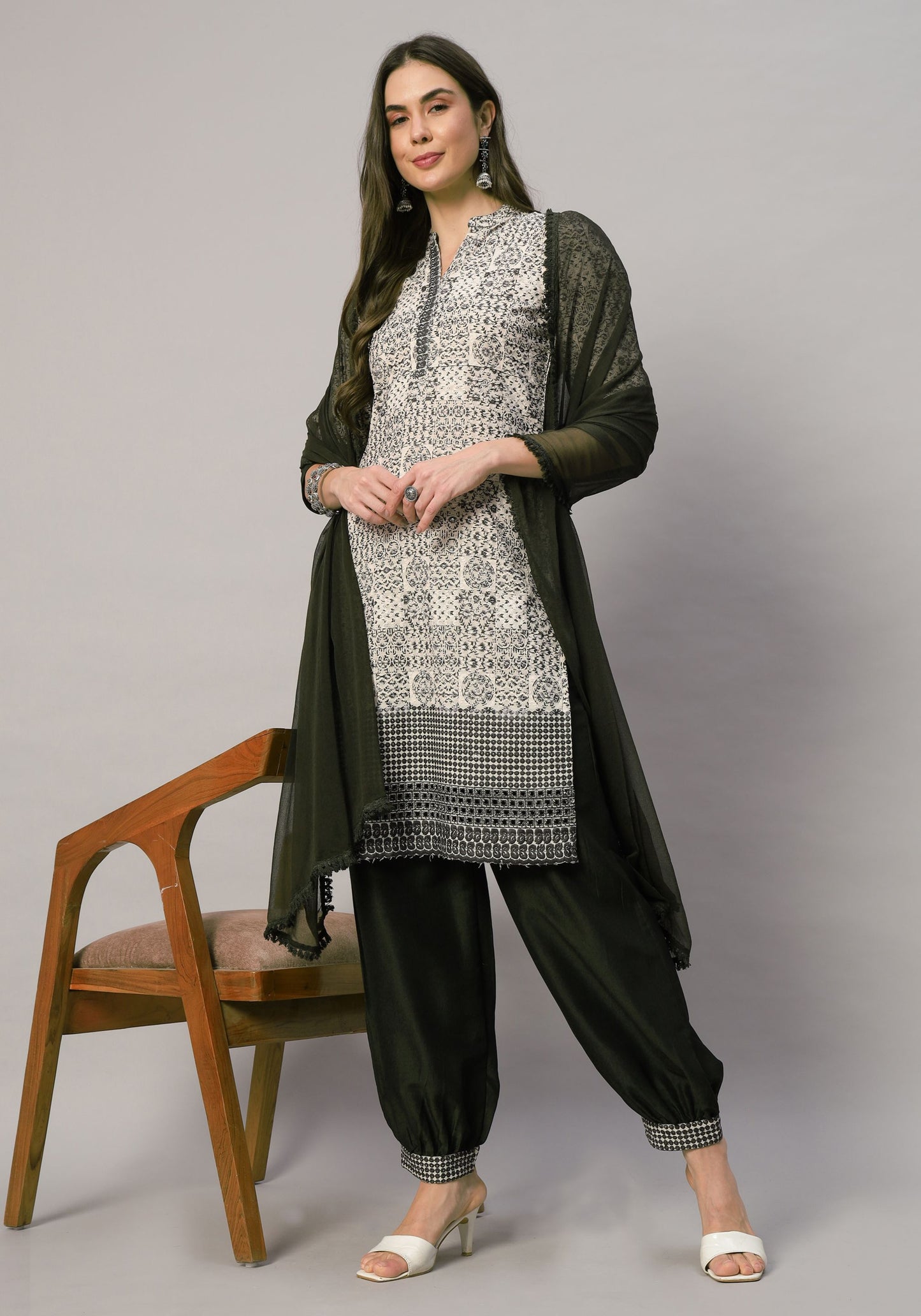 Women's  Olive Embroidered Viscose Kurta Dhoti Pant & Dupatta Set