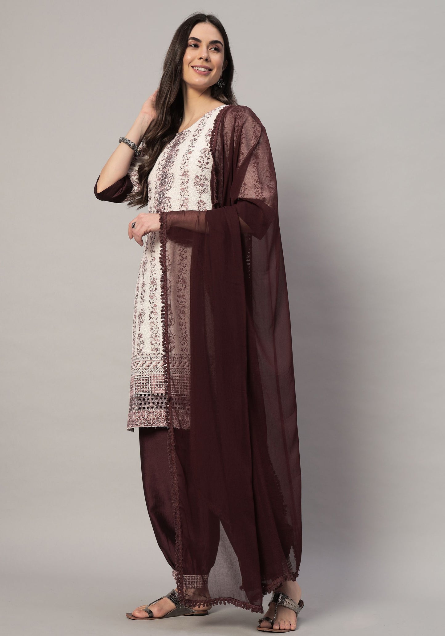 Women's Embroidered Viscose Kurta Dhoti Pant & Dupatta Set