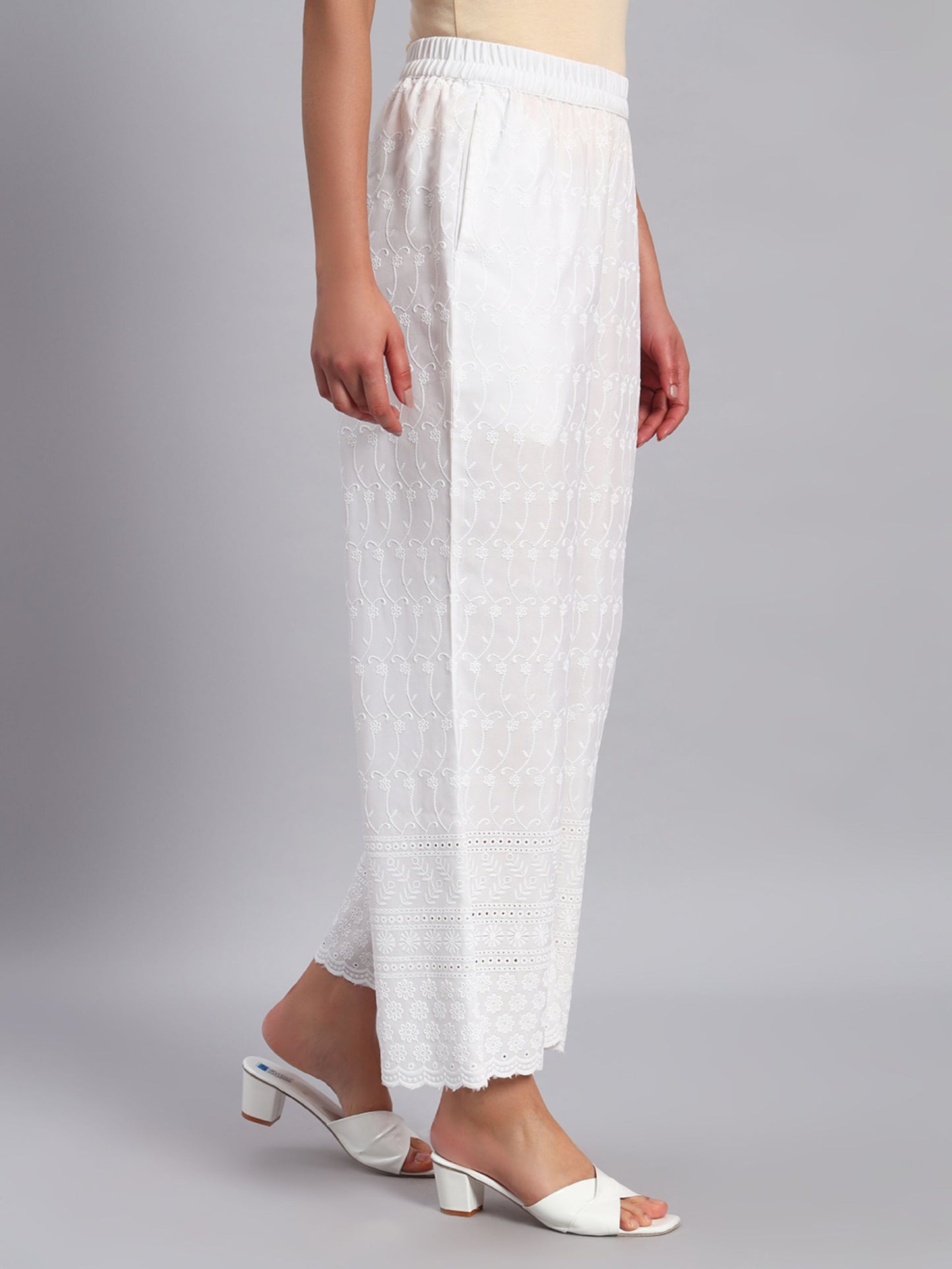 Women's Flower and Leaf Embroidered Chikankari Palazzo