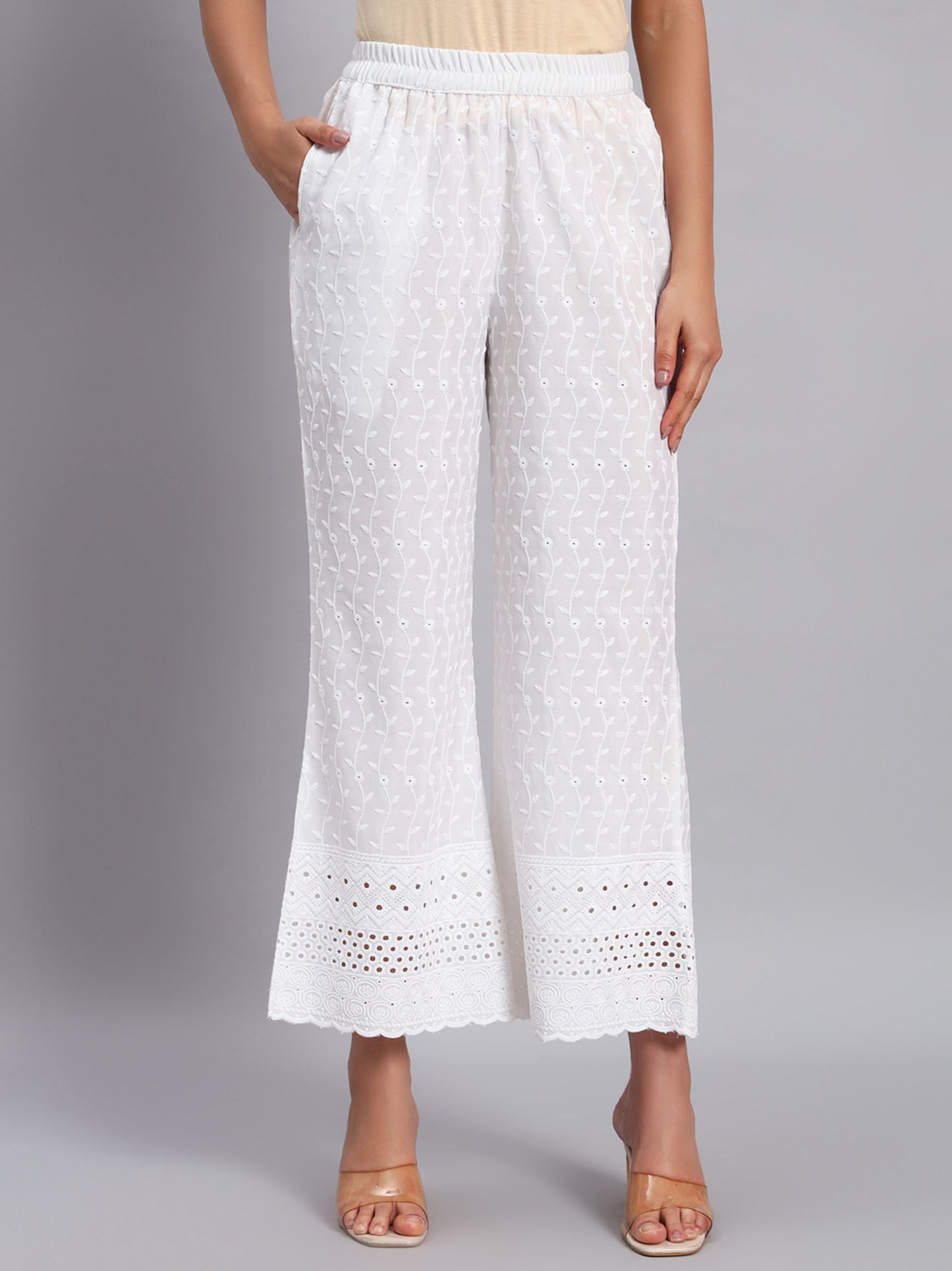 Women's Jalebi Borer Design Embroidered Chikankari Palazzo