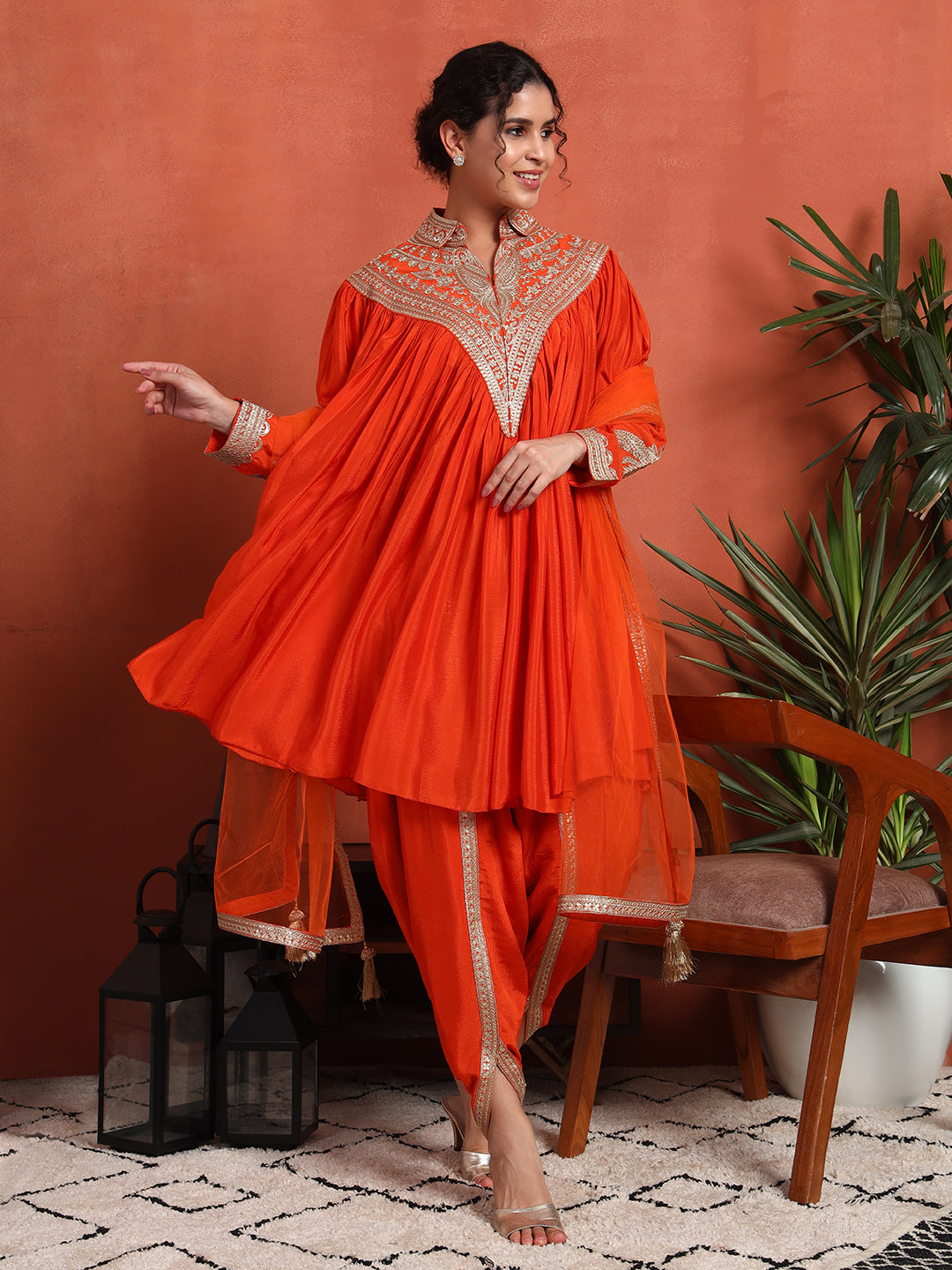 Women's Embroidered Silk Blend Kurta, Dhoti Pant & Dupatta Set