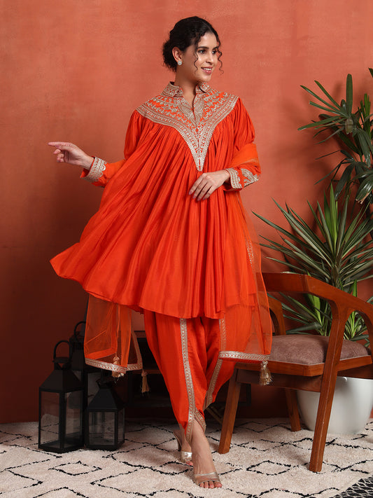 Women's Embroidered Silk Blend Kurta, Dhoti Pant & Dupatta Set