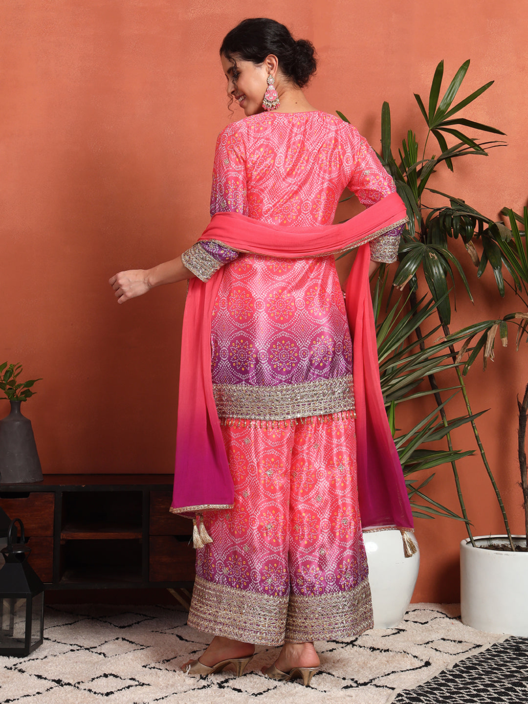 Women's Bandhani Printed Silk Blend Kurta and Palazzo Set