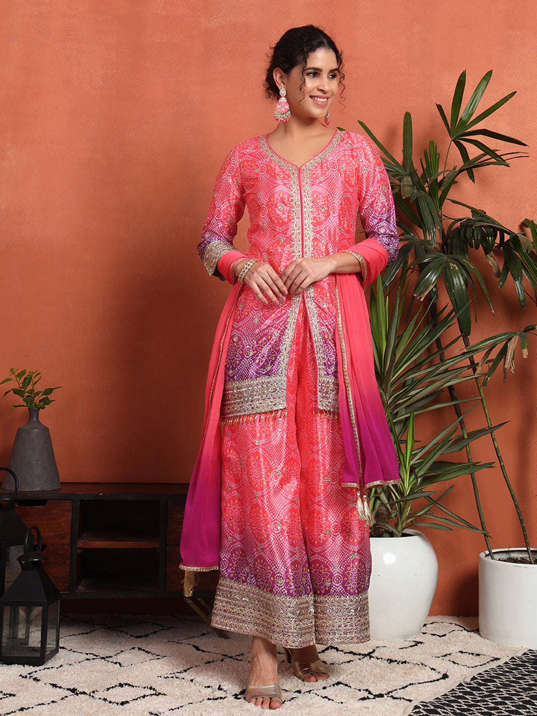 Women's Bandhani Printed Silk Blend Kurta and Palazzo Set