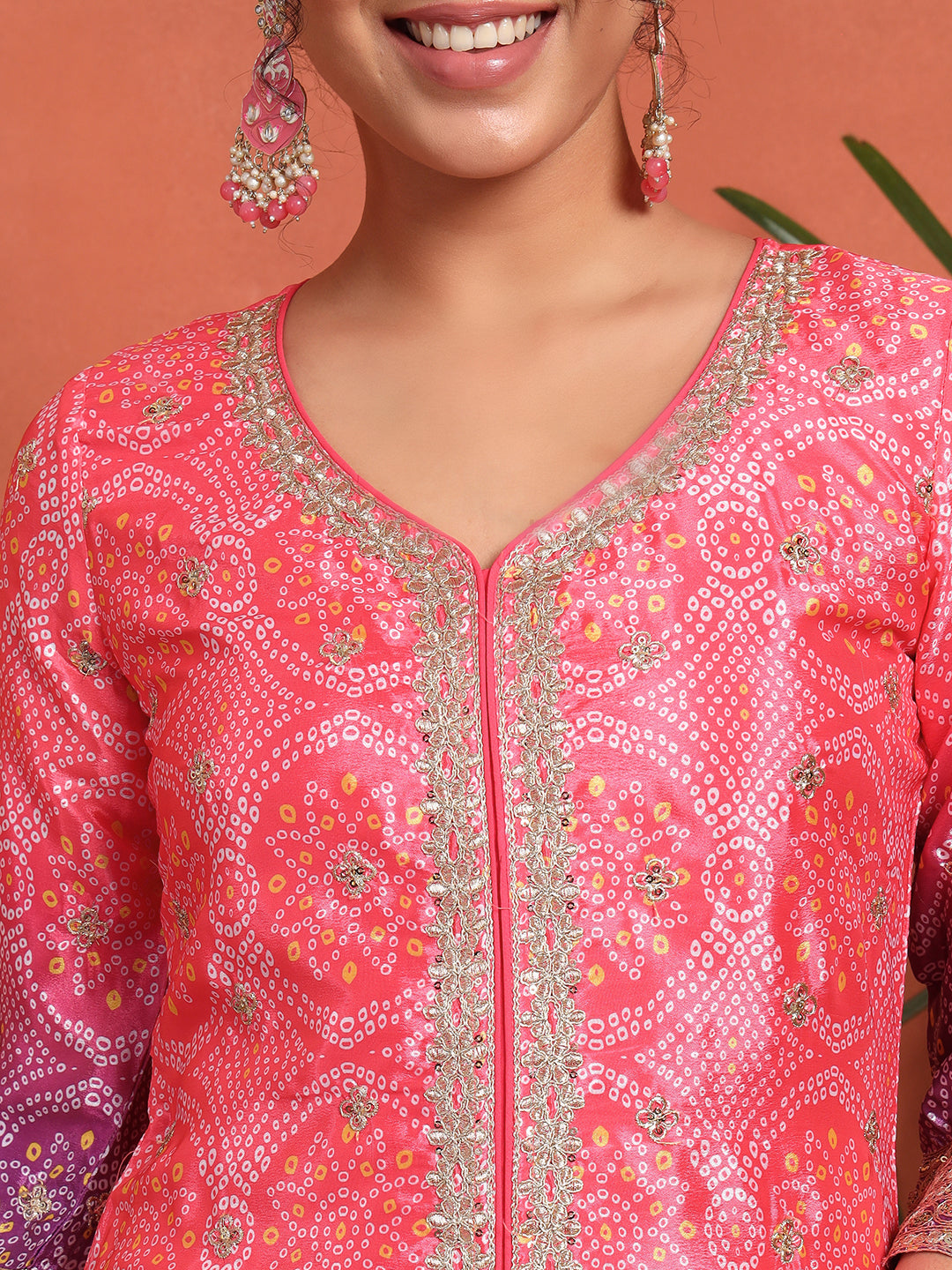 Women's Bandhani Silk Blend Kurta and Palazzo Set