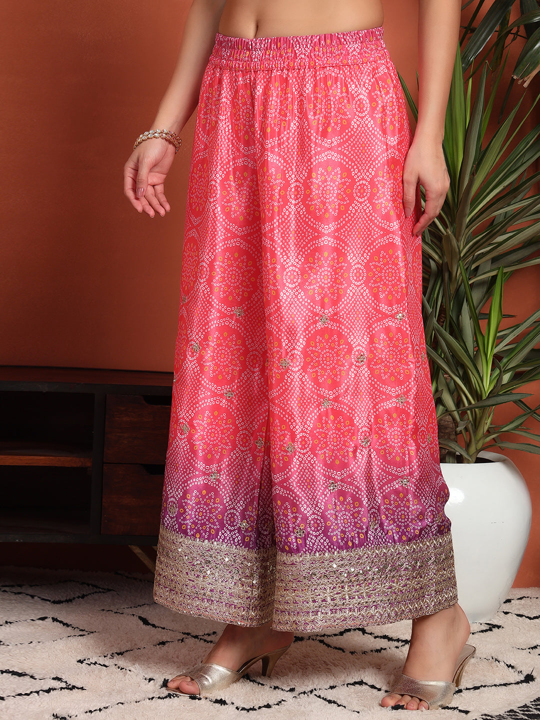Women's Bandhani Silk Blend Kurta and Palazzo Set