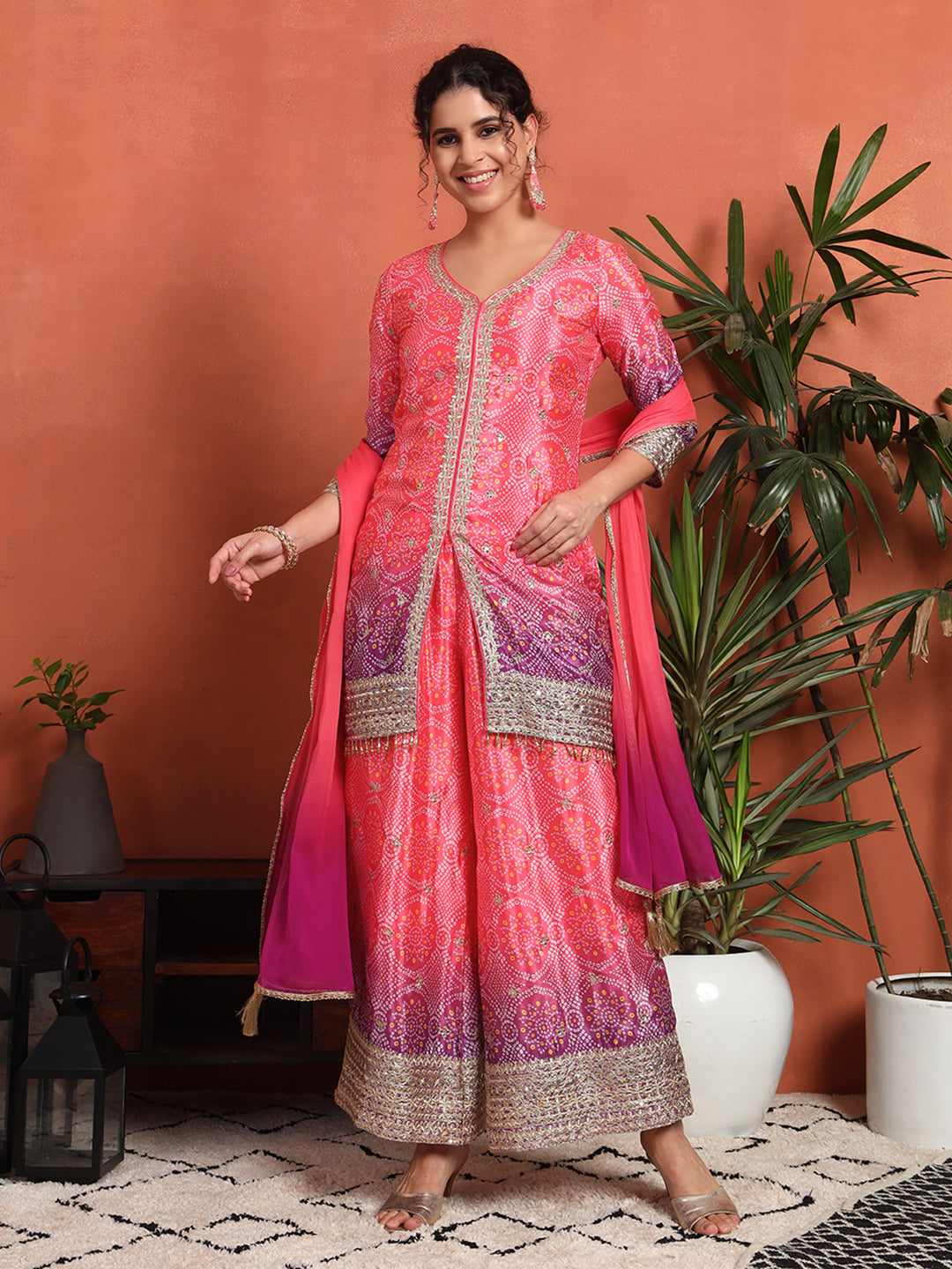 Women's Bandhani Silk Blend Kurta and Palazzo Set