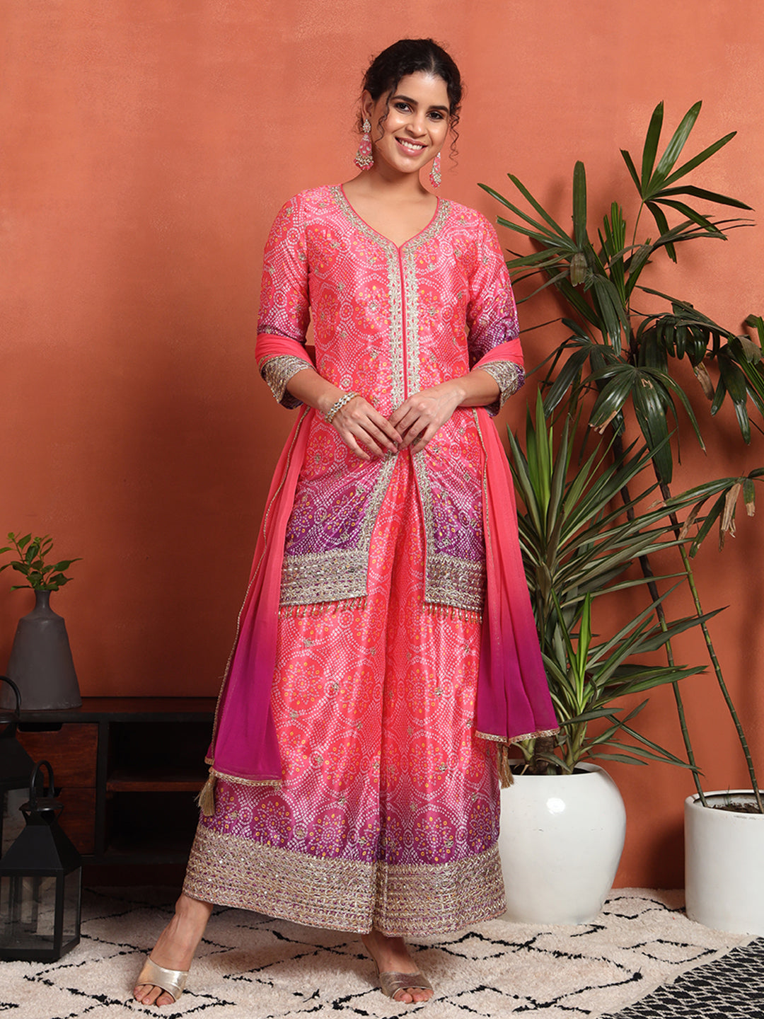 Women's Bandhani Silk Blend Kurta and Palazzo Set