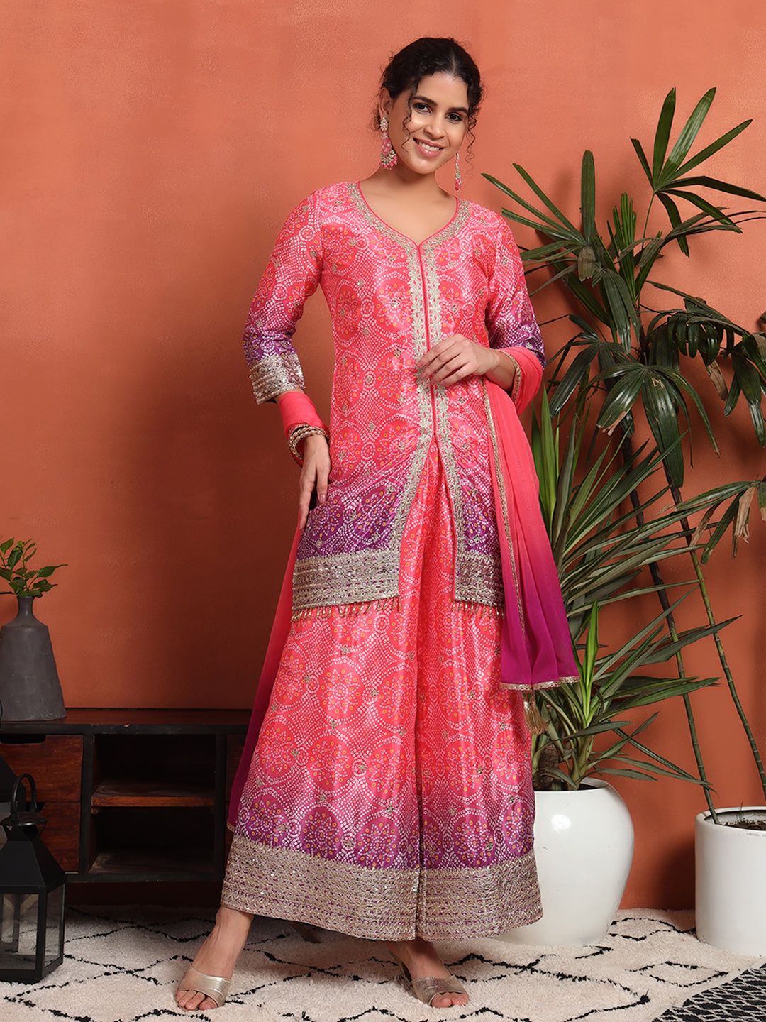 Women's Bandhani Silk Blend Kurta and Palazzo Set