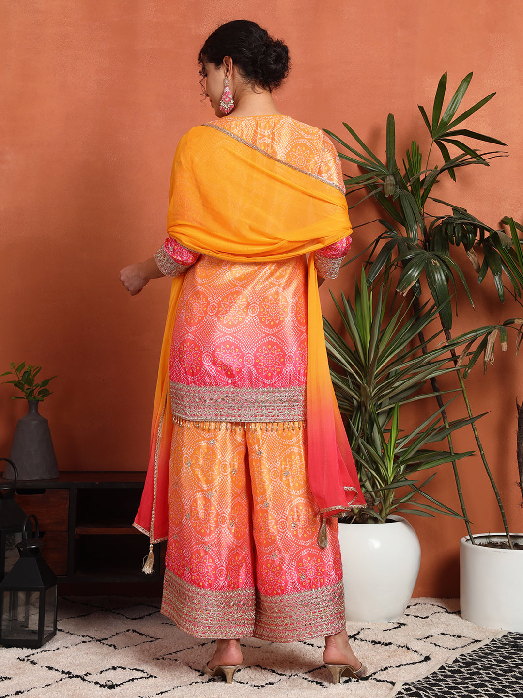 Women's Bandhani Silk Blend Kurta and Palazzo Set