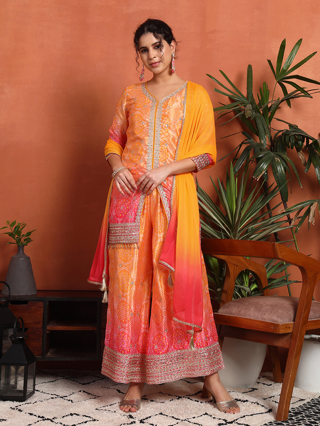 Women's Bandhani Silk Blend Kurta and Palazzo Set