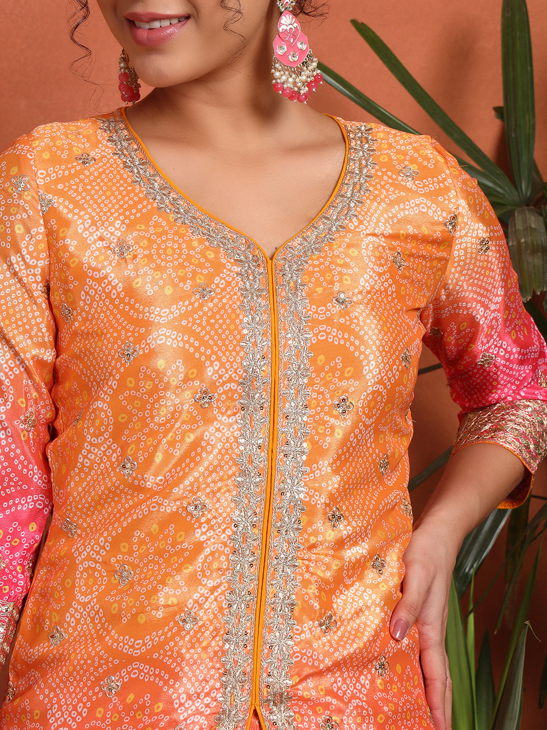 Women's Bandhani Silk Blend Kurta and Palazzo Set