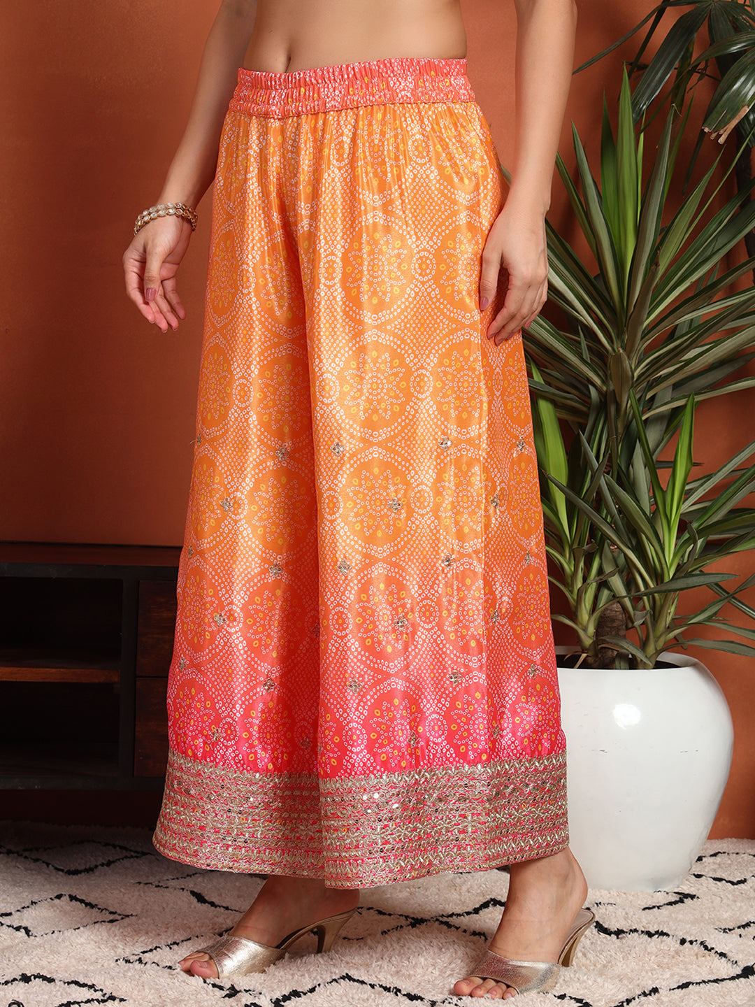 Women's Bandhani Silk Blend Kurta and Palazzo Set