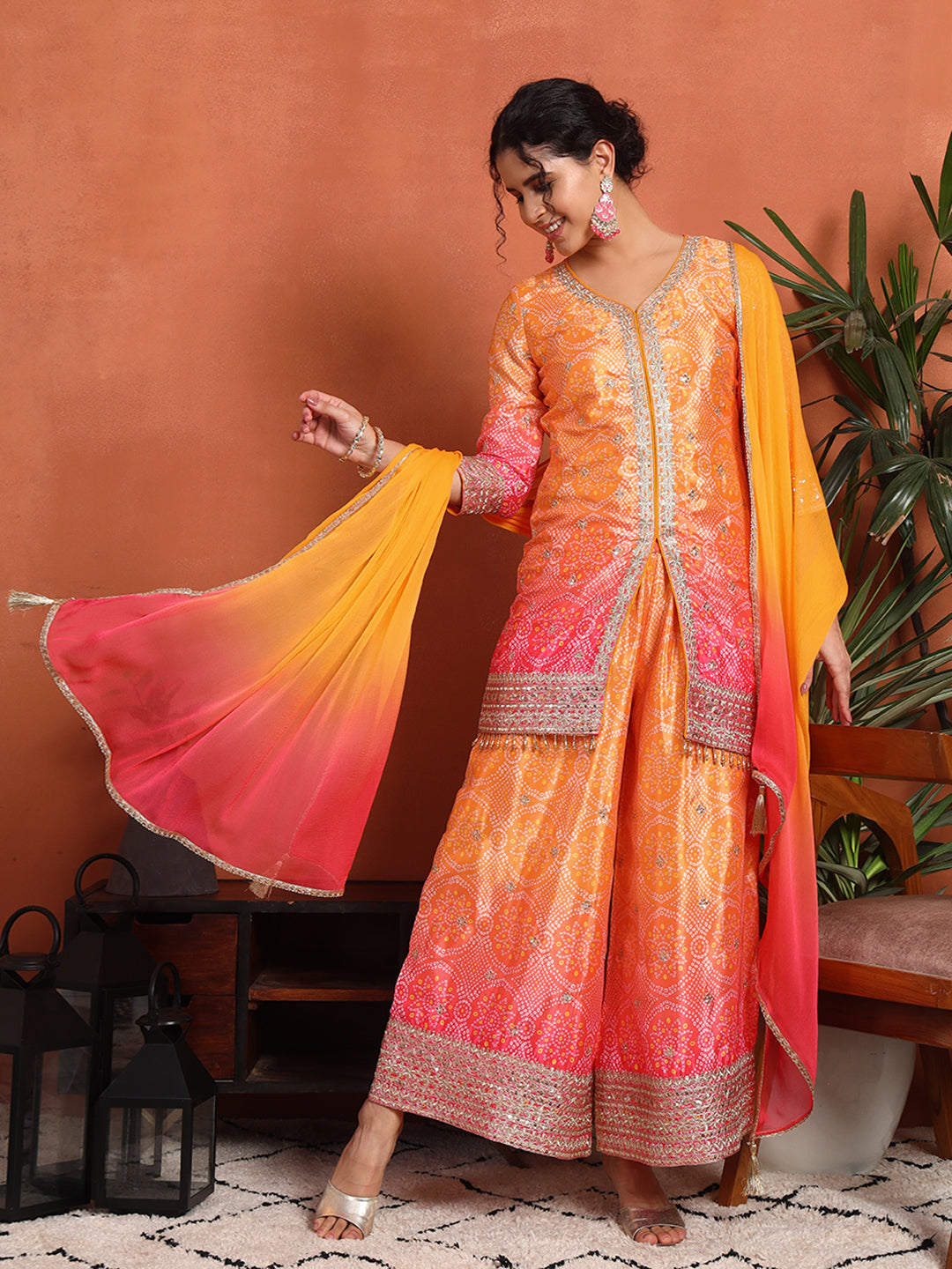 Women's Bandhani Silk Blend Kurta and Palazzo Set