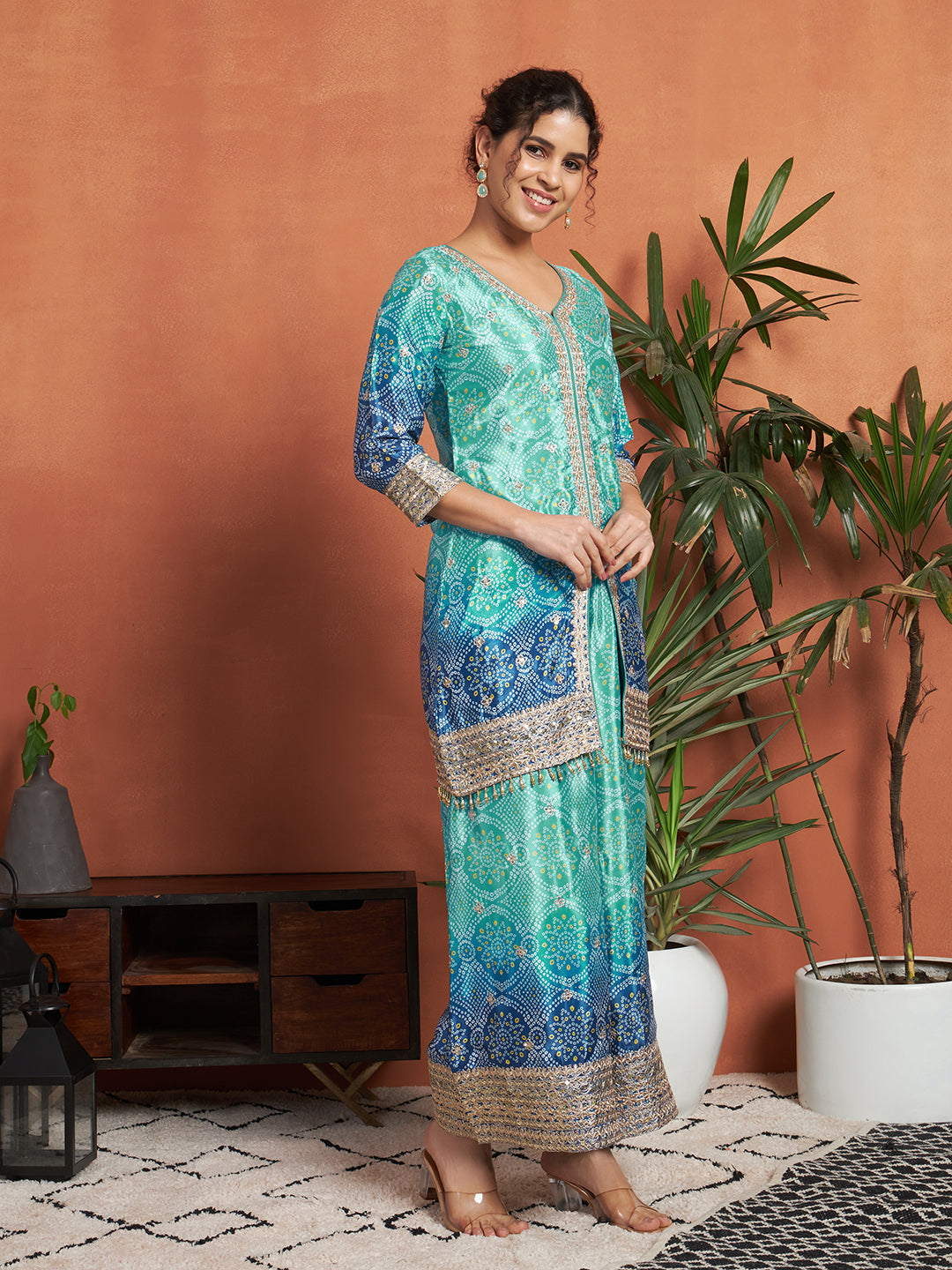 Women's Bandhani Silk Blend Kurta and Palazzo Set